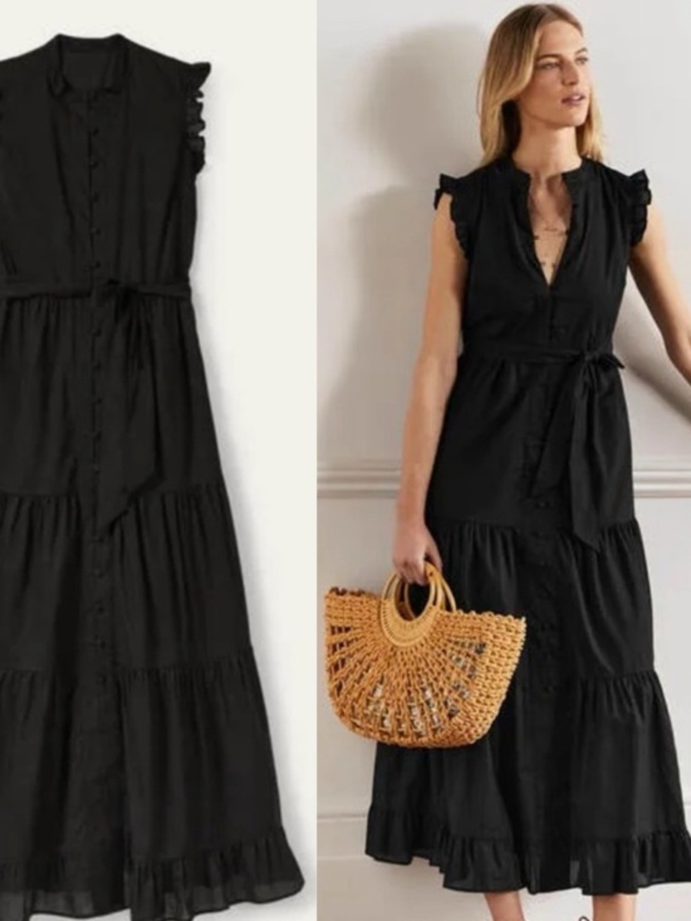 Boden NWT Tiered Ruffle Cotton Black Sleeveless Midi Dress US Petite S (4P)